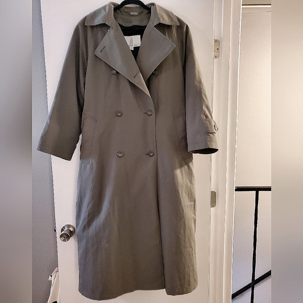 EUC London Fog Double Breasted Lined Olive Trench Coat 8 Petite